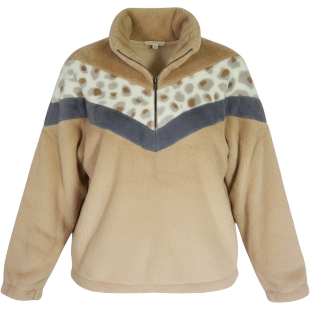 Womens NWT Small Sherpa Pullover Tan Animal Print Fleece Boho Lounge Wear Winter